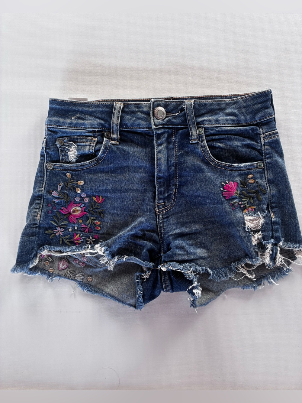 American Eagle Outfitters Dark Blue Denim Shorts with Pink Floral Embroidery